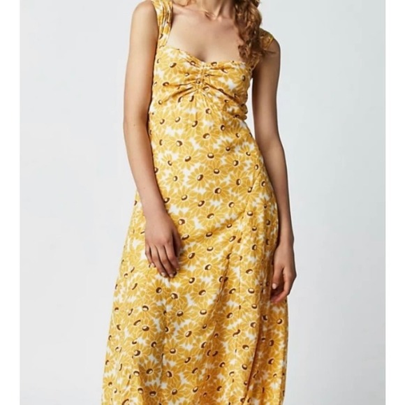 ✨Free People✨• Yellow Floral Midi Dress with Open Back - Picture 3 of 6